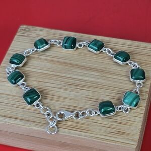 925 Sterling Silver Bracelet 6.5" with Natural Malachite Gemstone